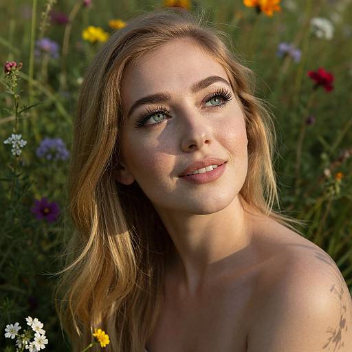 Photograph of a blonde woman with blue eyes, fair skin, and freckles, smiling in a sunlit meadow of colorful wildflowers.