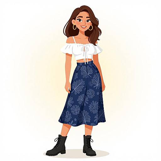 Digital illustration of a smiling woman with wavy brown hair, wearing a white off-shoulder top, blue floral skirt, and black ankle boots.