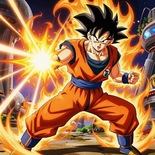 Digital drawing of anime character Goku in orange gi, black belt, and blue sash, firing a powerful energy blast surrounded by flames, with futuristic machinery