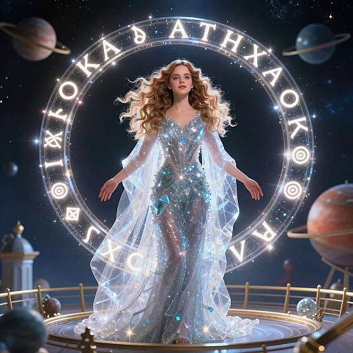 Photograph of a glamorous woman with long curly hair in a shimmering, transparent, blue-sequined gown, standing in a cosmic-themed setting with