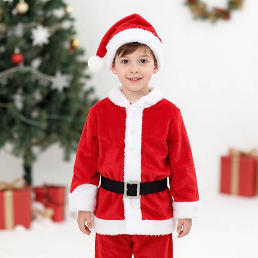 Photograph of a smiling young boy in a red Santa outfit with white trim, black belt, and red hat, standing in front of a blurred Christmas