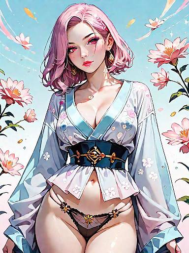 Anime Girl in Sheer Floral Lingerie and Kimono