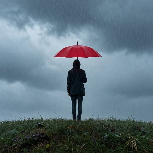 Solitary Figure Beneath Red Umbrella