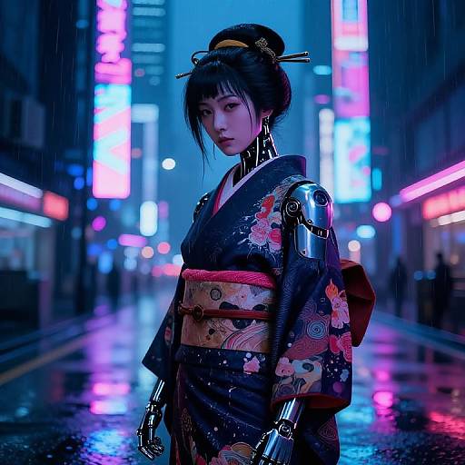 Cyberpunk-style photograph of an East Asian woman in a traditional black kimono with robotic arms, standing in a neon-lit, rain-soaked