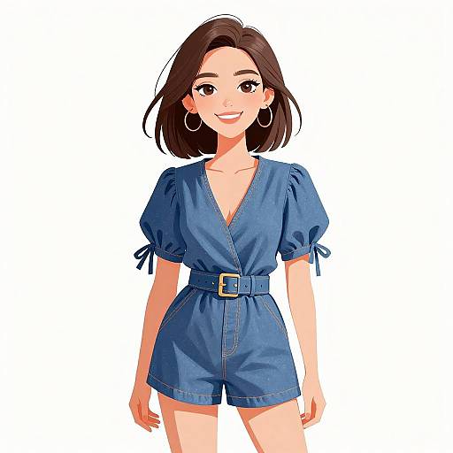 Digital anime-style drawing of a smiling young woman with short brown hair, wearing a blue V-neck romper with puffed sleeves, belt, and hoop