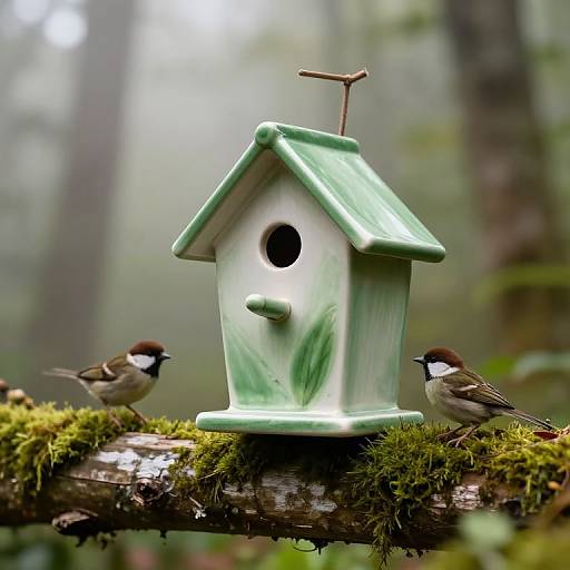Photograph of two small brown and white birds perched on a moss-covered tree branch with a green ceramic birdhouse in a foggy forest.