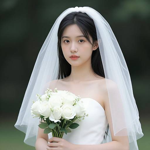 Photograph of an Asian bride with long black hair, wearing a white strapless wedding dress and veil, holding a bouquet of white roses, against a