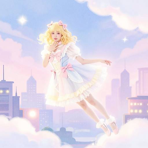 Digital anime illustration of a blonde girl in a white dress with a pink bow, floating above a cityscape with glowing clouds. Bright blue sky, soft
