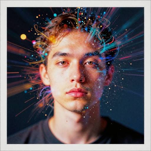 Photograph of a young man with curly brown hair, illuminated face, and vibrant, colorful light trails and particles against a dark background.