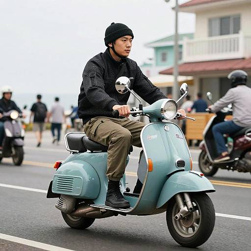 Rider on Classic Moped in Coastal Town