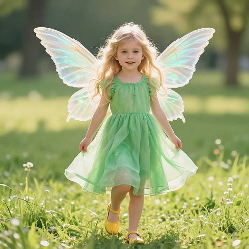 Photograph of a blonde, fair-skinned little girl with glowing, translucent fairy wings, wearing a green dress and yellow shoes, walking in a sun