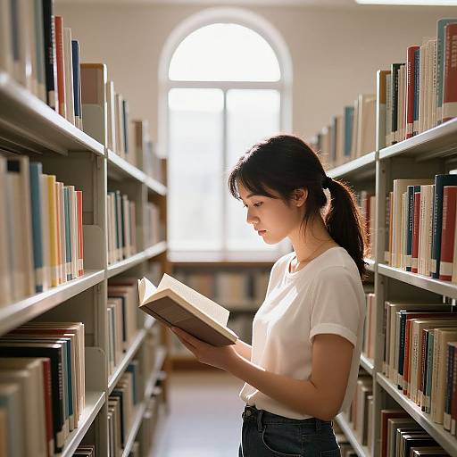 Photograph of an Asian woman with black hair in a ponytail, wearing a white t-shirt and blue jeans, reading a book in a sunlit