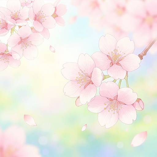Digital art of delicate pink cherry blossoms with soft yellow and blue gradients in the background, creating a serene, ethereal effect.