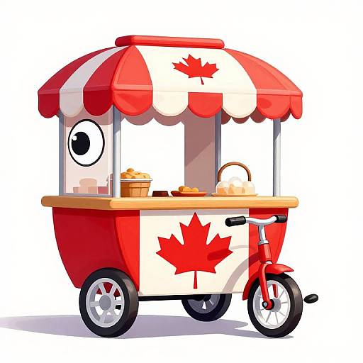 Cartoon-style Canadian food truck with red and white striped canopy, Canadian flag decals, two wheels, and baked goods on display.