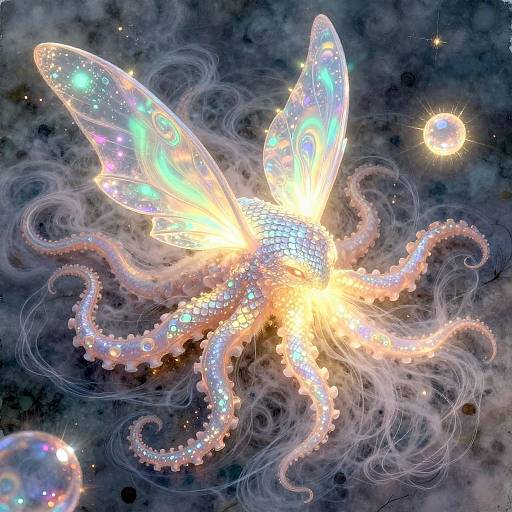 Digital artwork of a glowing, iridescent fairy with translucent wings and tentacle-like appendages, surrounded by sparkling bubbles and ethereal smoke in a