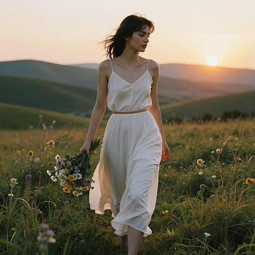 Photograph of a slender woman with dark hair, wearing a flowing white dress, holding a bouquet, walking in a sunlit meadow at sunset.