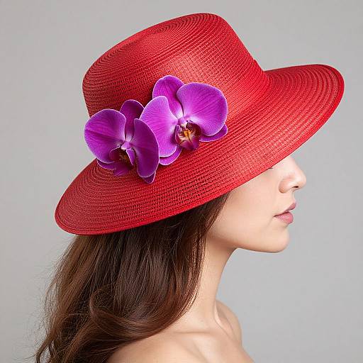 Photograph of a fair-skinned woman with long brown hair, wearing a vibrant red straw hat adorned with three purple orchid flowers, against a plain