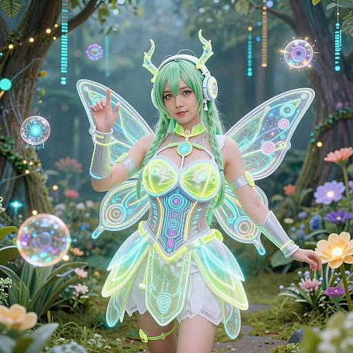 Digital fantasy artwork of a green-haired fairy woman with glowing wings, neon dress, and antler headpiece, creating bubbles in a magical forest.