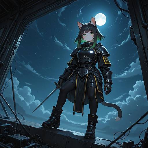 Cat-Eared Female Warrior Under Moonlight