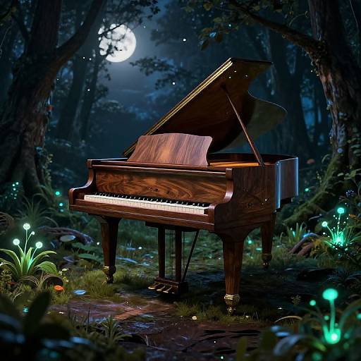 Photorealistic digital artwork of a dark wooden grand piano in a moonlit, enchanted forest with glowing mushrooms and bioluminescent plants.
