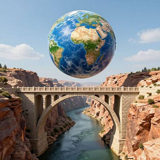Photorealistic digital artwork of a massive Earth hovering above a stone arch bridge over a turquoise river between red rock cliffs.