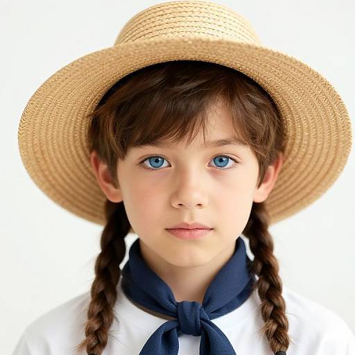 Photograph of a young girl with blue eyes, brown braids, wearing a straw hat, white shirt, and navy blue scarf against a white background