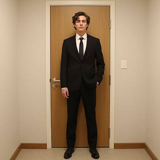 Photograph of a young man with curly brown hair, wearing a black suit, white shirt, and black tie, standing in front of a wooden door
