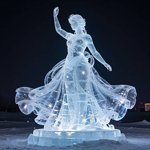 Photograph of an illuminated, translucent ice sculpture of a dancing ballerina in a flowing gown with star-like patterns, set against a dark night sky