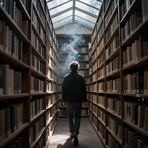 Photograph of a lone man in a black coat, smoking, walking down a long, dimly lit library aisle with tall bookshelves on both