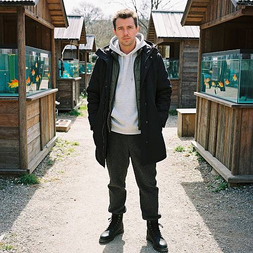 Photograph of a man in a black coat, white hoodie, and dark pants standing between wooden fish market stalls with glass tanks. Bright sunlight, gravel
