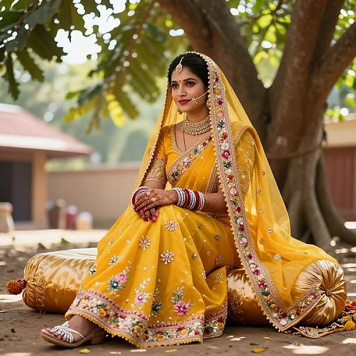 Photograph of a South Asian woman in a yellow embroidered saree with floral patterns, seated on a cushioned surface under a tree, wearing traditional jewelry