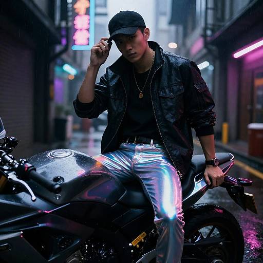 Iridescent Cyberpunk Courier in Neon Alley