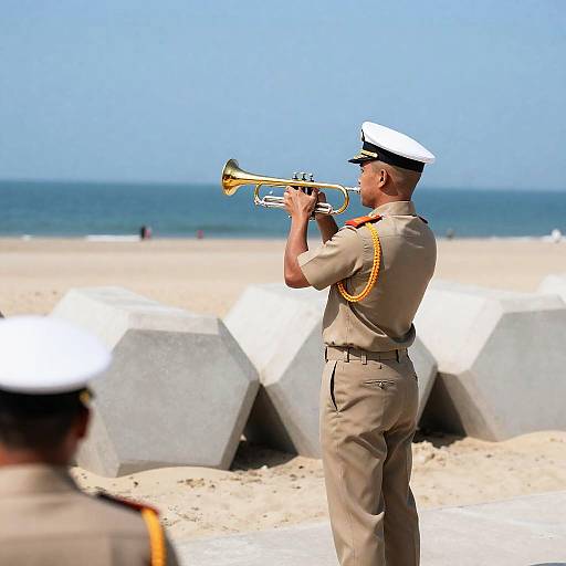 Military Officer Playing Trumpet on Beach