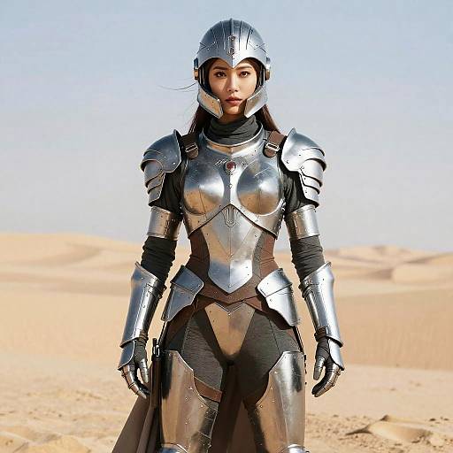 Woman in Futuristic Silver Armor in Desert