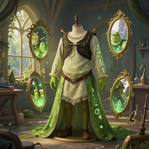 Digital art: Green-skinned, muscular goblin mannequin in white, ornate robe with black vest, surrounded by glowing, oval mirrors showing