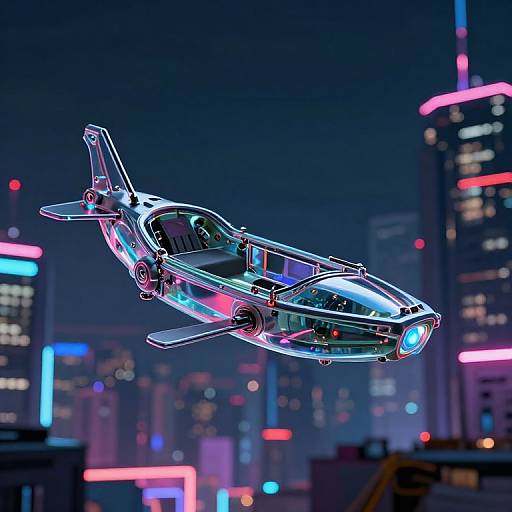 Neon-lit, futuristic, reflective, silver flying car soaring above a vibrant, cyberpunk cityscape with colorful neon lights and towering skyscrapers