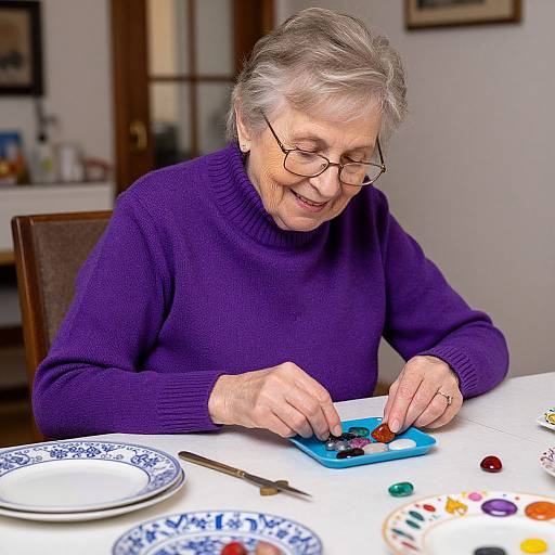 Photograph of an elderly woman with gray hair, glasses, and purple sweater, smiling while painting on a blue palette at a table.