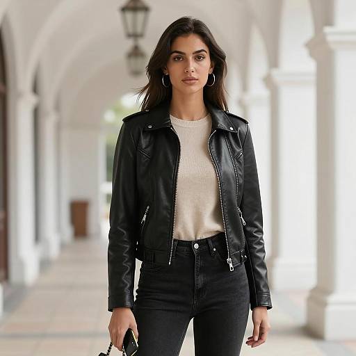 Woman in Black Leather Jacket Standing in White Arched Hallway