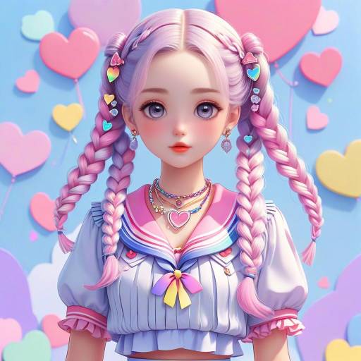 Cute Anime Girl with Pastel Colors and Rainbow