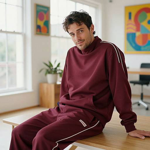 Photograph of a casually dressed, dark-haired man in maroon track suit sitting on a wooden table in a brightly lit, modern art-filled room.