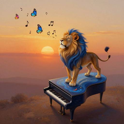 Digital artwork of a regal lion with a blue mane standing on a grand piano at sunset, surrounded by floating musical notes and butterflies. Warm orange and