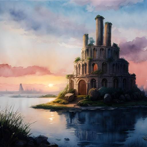 Twilight Floating Island Ruins Watercolor