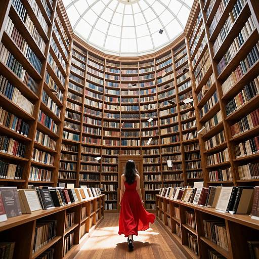 Photograph of a woman in a flowing red dress standing in the center of a circular library with towering wooden bookshelves, sunlight streaming through a glass