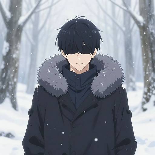 Anime-style digital drawing of a young man with black hair, wearing a black coat with gray fur trim, standing in a snowy forest. Snowflakes