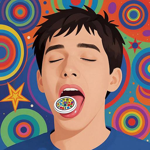 Digital illustration of a young man with black hair, eyes closed, mouth open, tongue out, sticker on tongue, vibrant rainbow background with circles and star