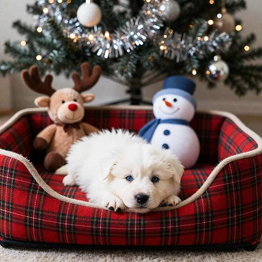 Cozy Christmas Puppy in Red Bed