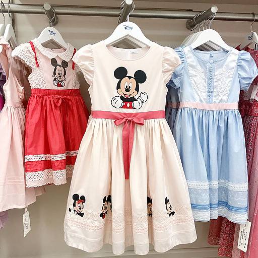 Photograph of four children's dresses on hangers: red with Mickey, white with Mickey and pink bow, light blue with white lace, and pink