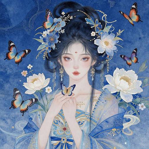 Digital art of an ethereal Asian woman with pale skin, black hair adorned with flowers, surrounded by butterflies and white flowers, wearing a blue and white