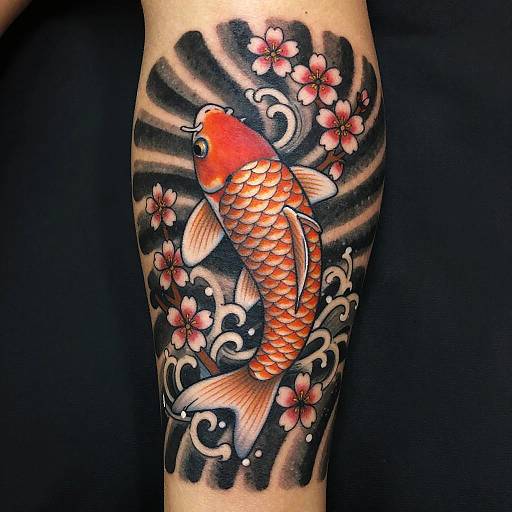 Vibrant tattoo of a red and orange koi fish with scales, surrounded by cherry blossoms and swirling waves on a black background. Photoreal