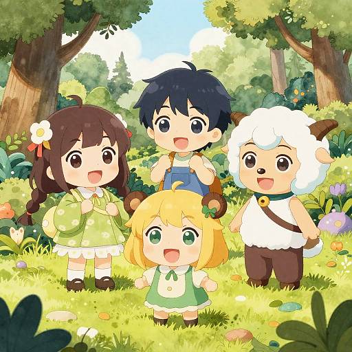 Chibi Anime Characters in Whimsical Forest